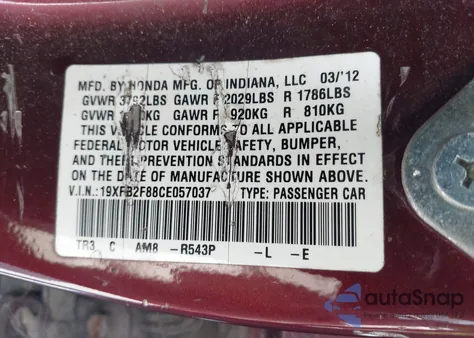 2012 Honda Civic Ex из США, поврежденный, VIN 19XFB2F88CE057037